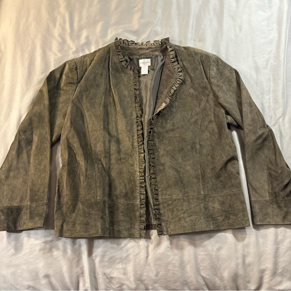 Chico's Women's Suede Leather Jacket Dark Brown Open Front XL Classic Neutral